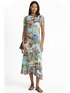 NWT Johnny Was Christie Midi Dress vacation scene asymmetrical hem